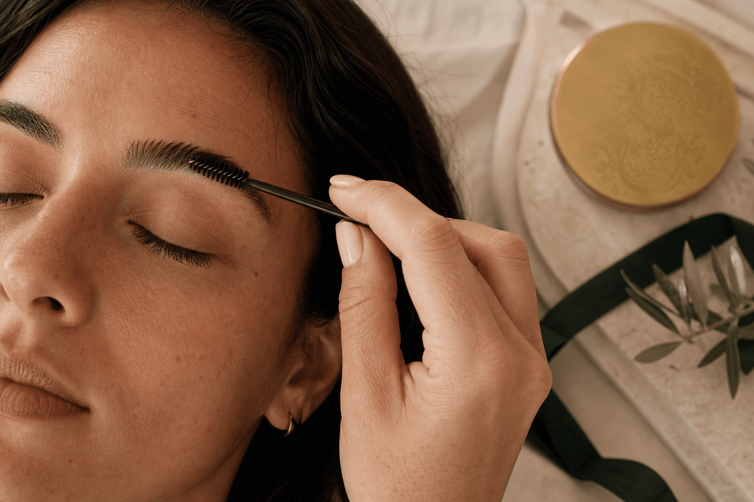 A provider carefully brushes a natural brow beside restrained Sonder details.