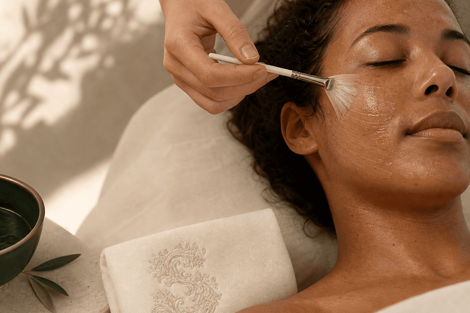 A calm facial ritual with natural skin texture, warm light, and Sonder-branded linen.