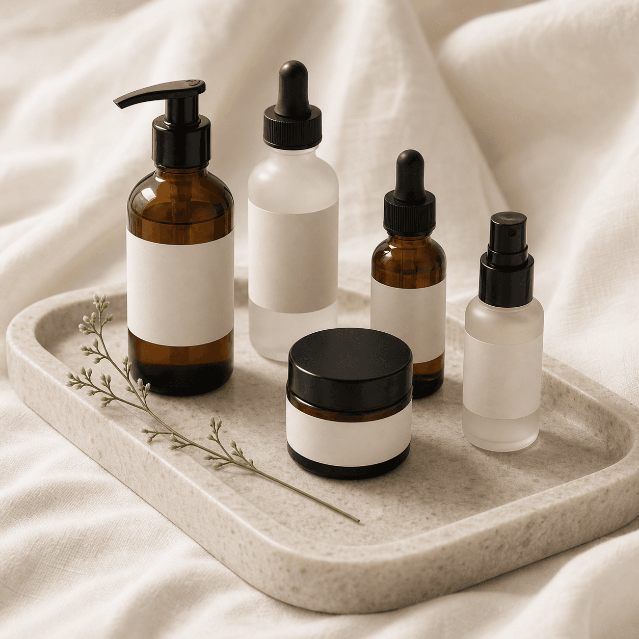 Unbranded skincare bottles arranged on a pale stone tray.