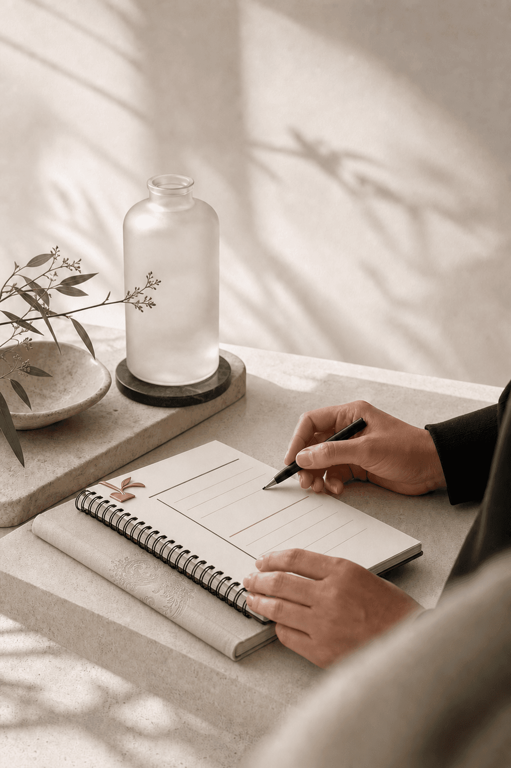 Hands reviewing a Sonder-branded care plan in warm natural light.