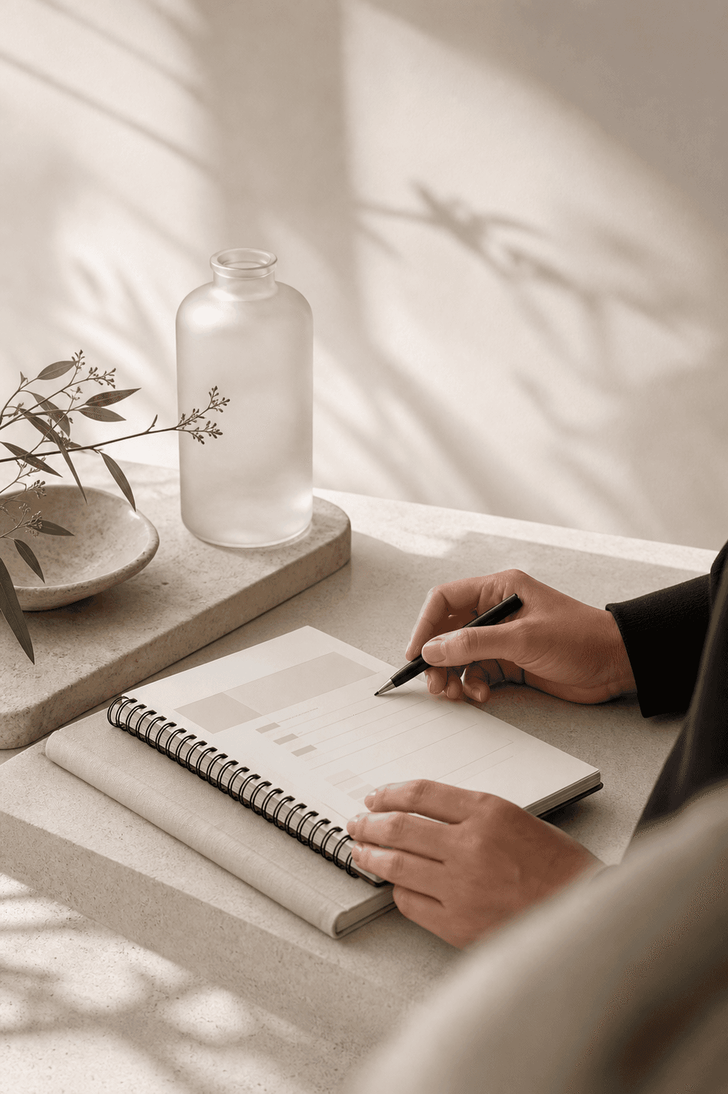 Provider hands reviewing a care planning notebook.