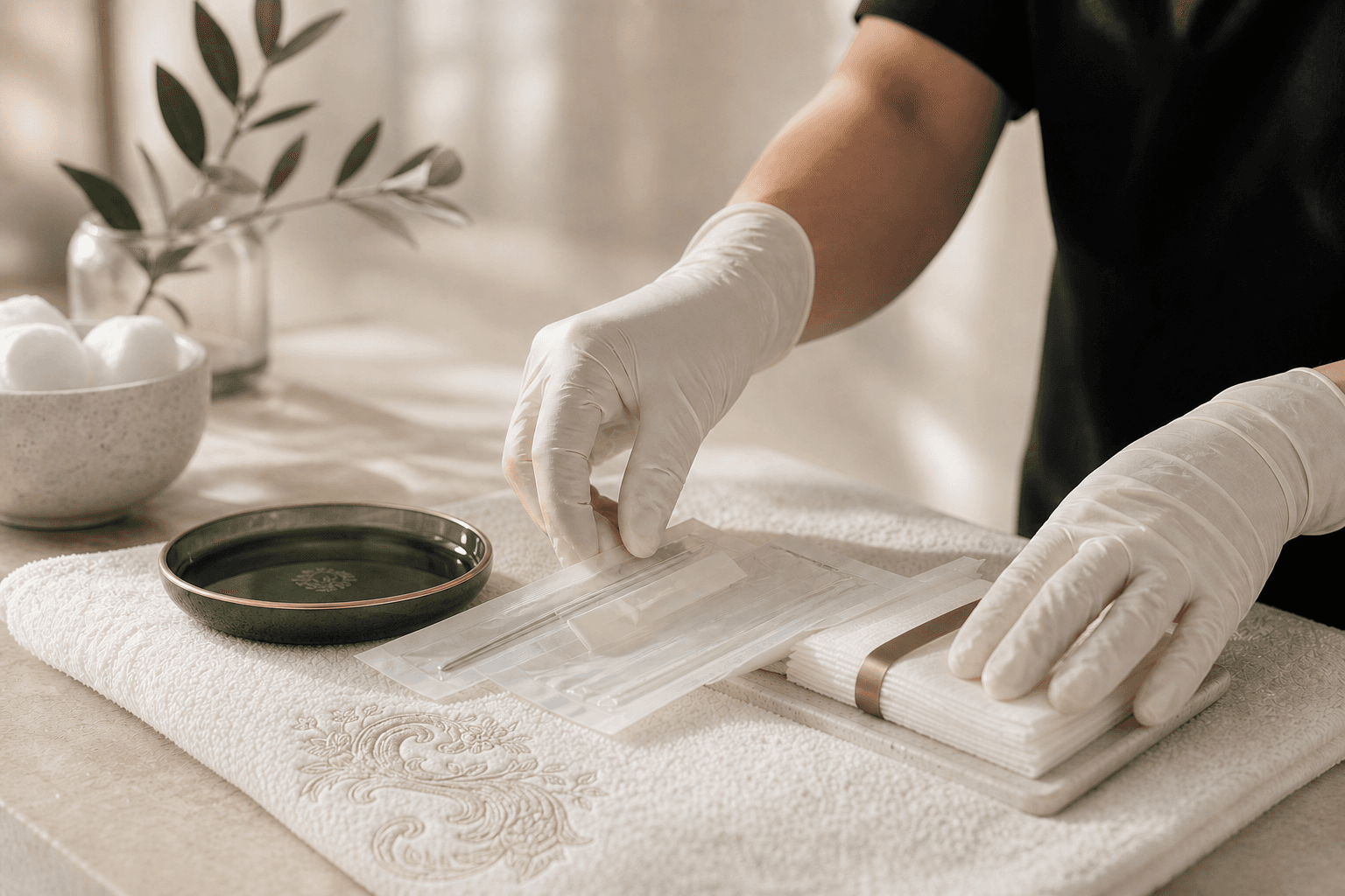 Sonder-branded treatment preparation with sealed tools, ivory linen, and a forest-green glass dish.
