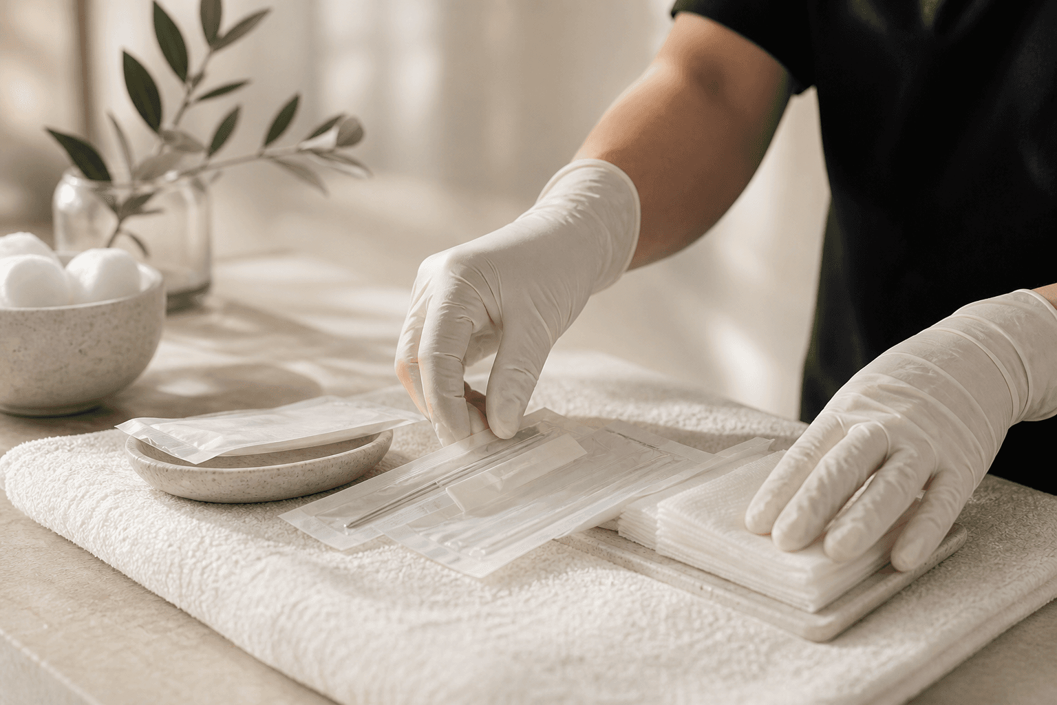 Gloved provider hands arranging sealed treatment tools on ivory linen.