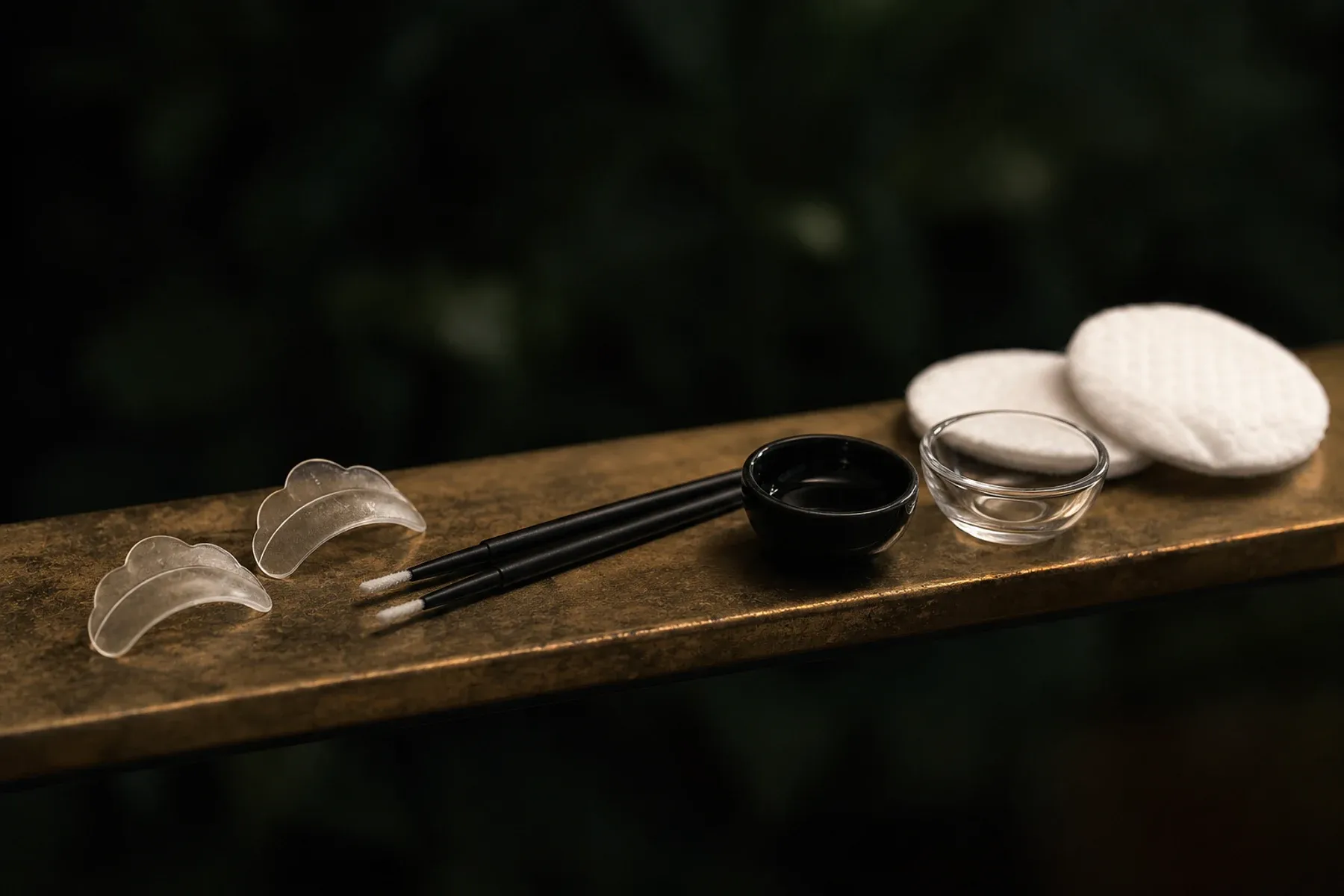 Lash Lift + Tint treatment materials arranged in Sonder's restrained ivory and forest-green visual style.