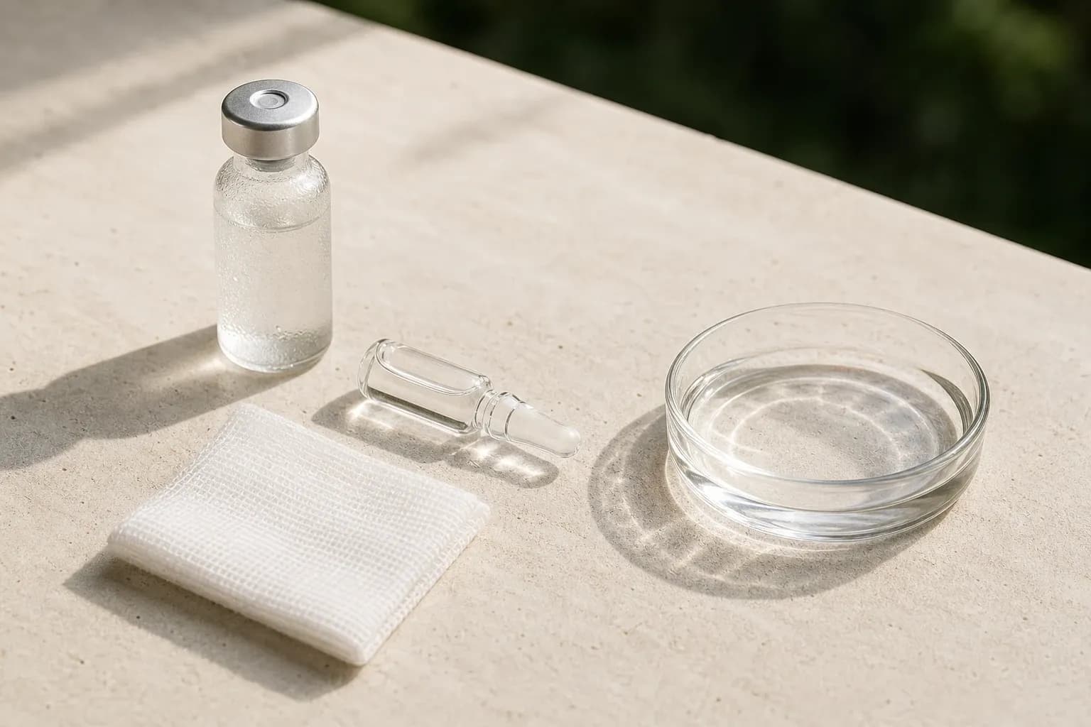 A frosted wellness vial, sealed clear ampoule, sterile gauze, and shallow glass water dish in bright natural light.