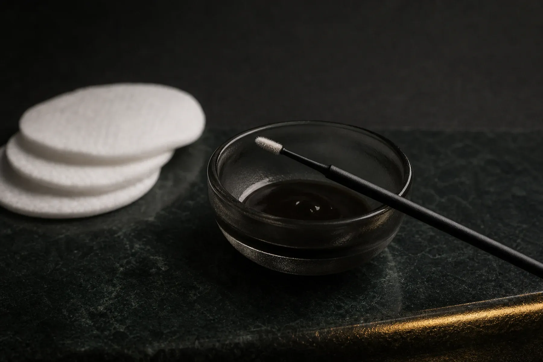 Lash Tint treatment materials arranged in Sonder's restrained ivory and forest-green visual style.