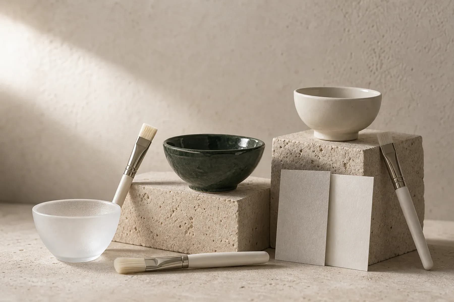 Three treatment bowls and applicator brushes arranged for a customized facial.