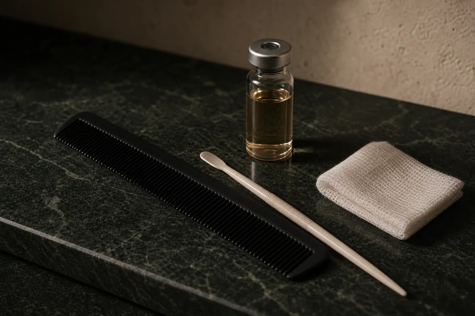 A sealed wellness vial, matte black comb, ivory care tool, and folded gauze on deep green stone.