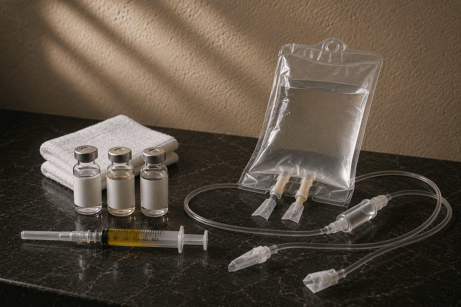A clear hydration bag, tubing, sterile dressing, and folded gauze arranged on deep green stone.
