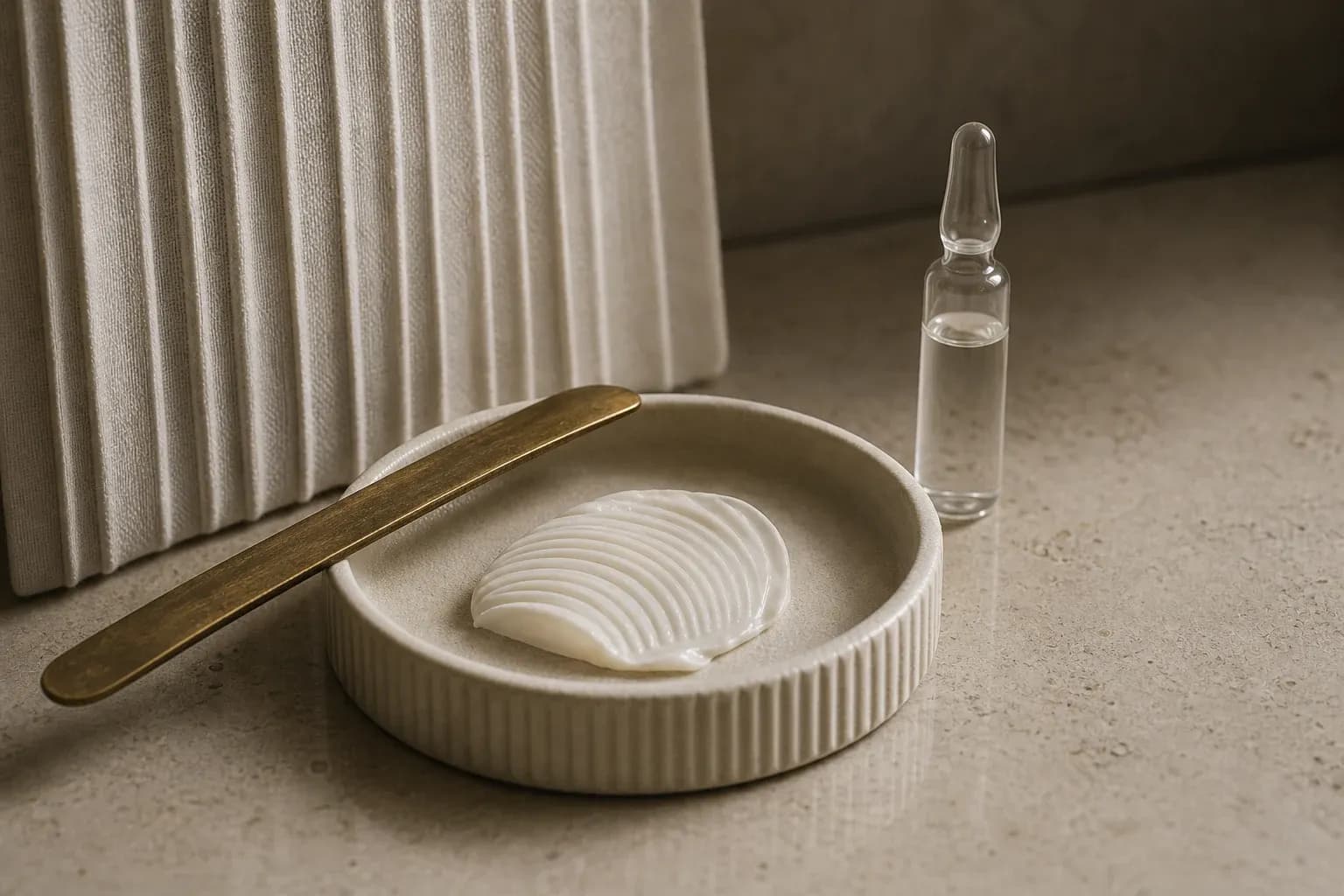 A ridged peptide treatment cream, clear ampoule, brass spatula, and pleated ivory textile.