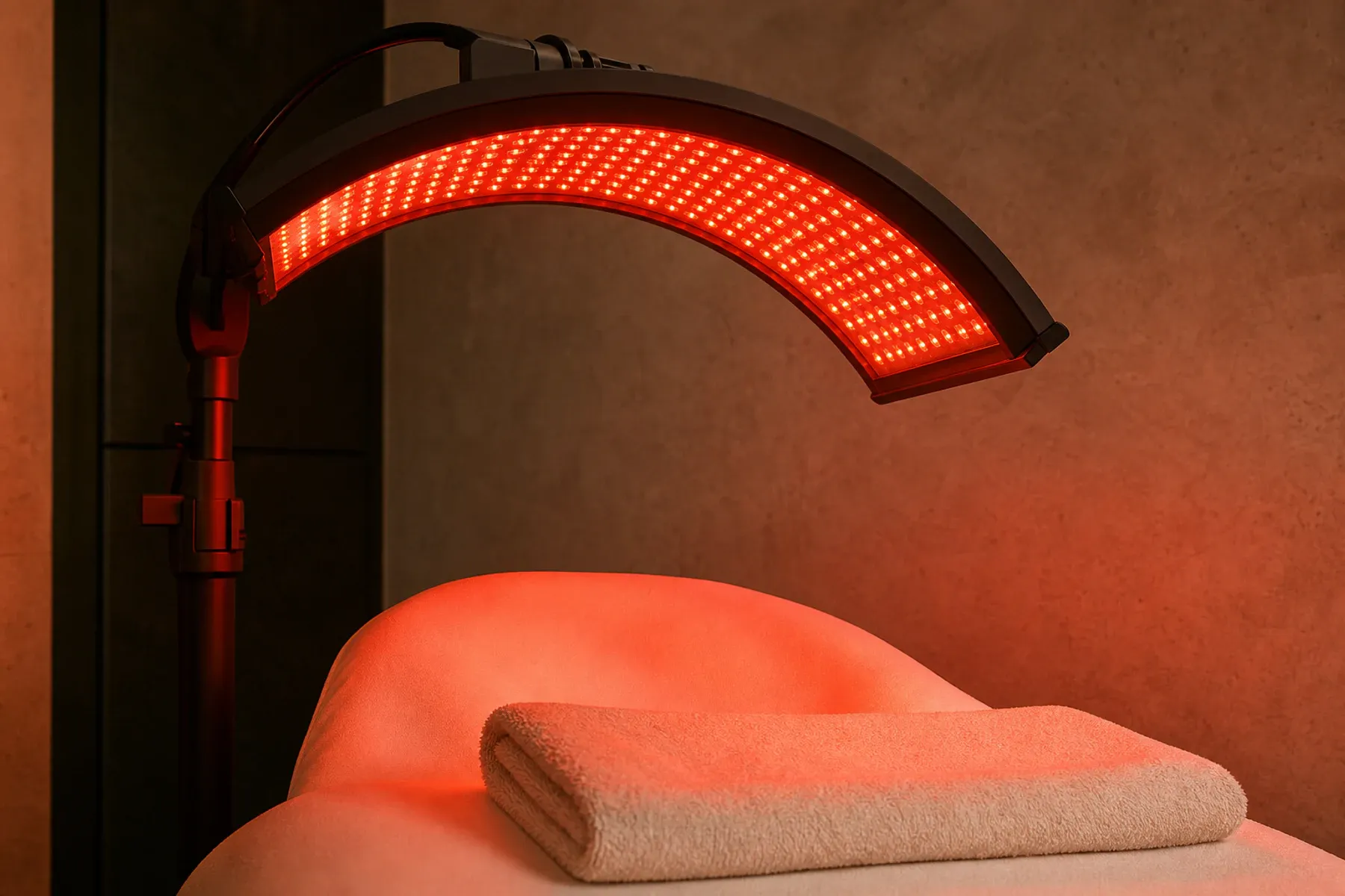 LED Therapy Facial treatment materials arranged in Sonder's restrained ivory and forest-green visual style.