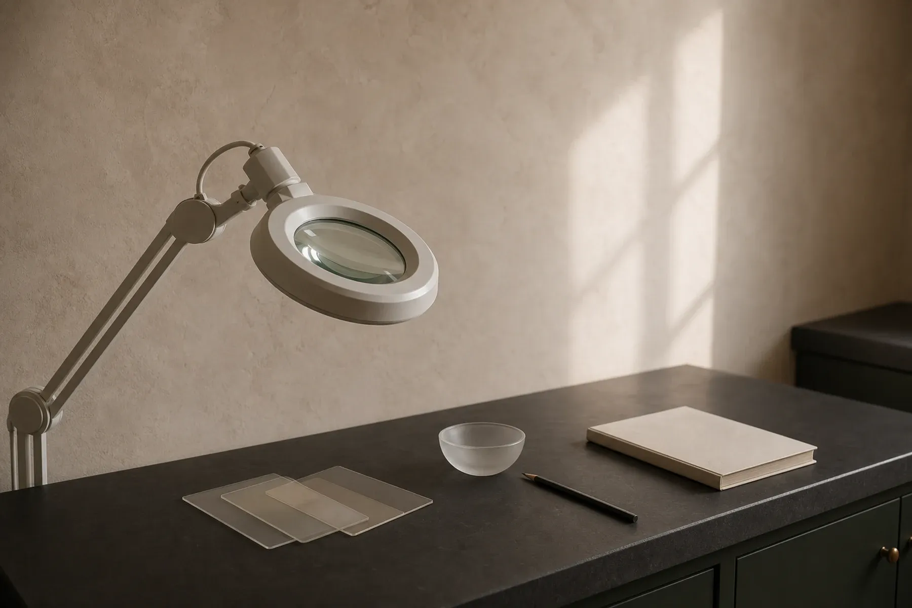 Esthetics Consultation treatment materials arranged in Sonder's restrained ivory and forest-green visual style.