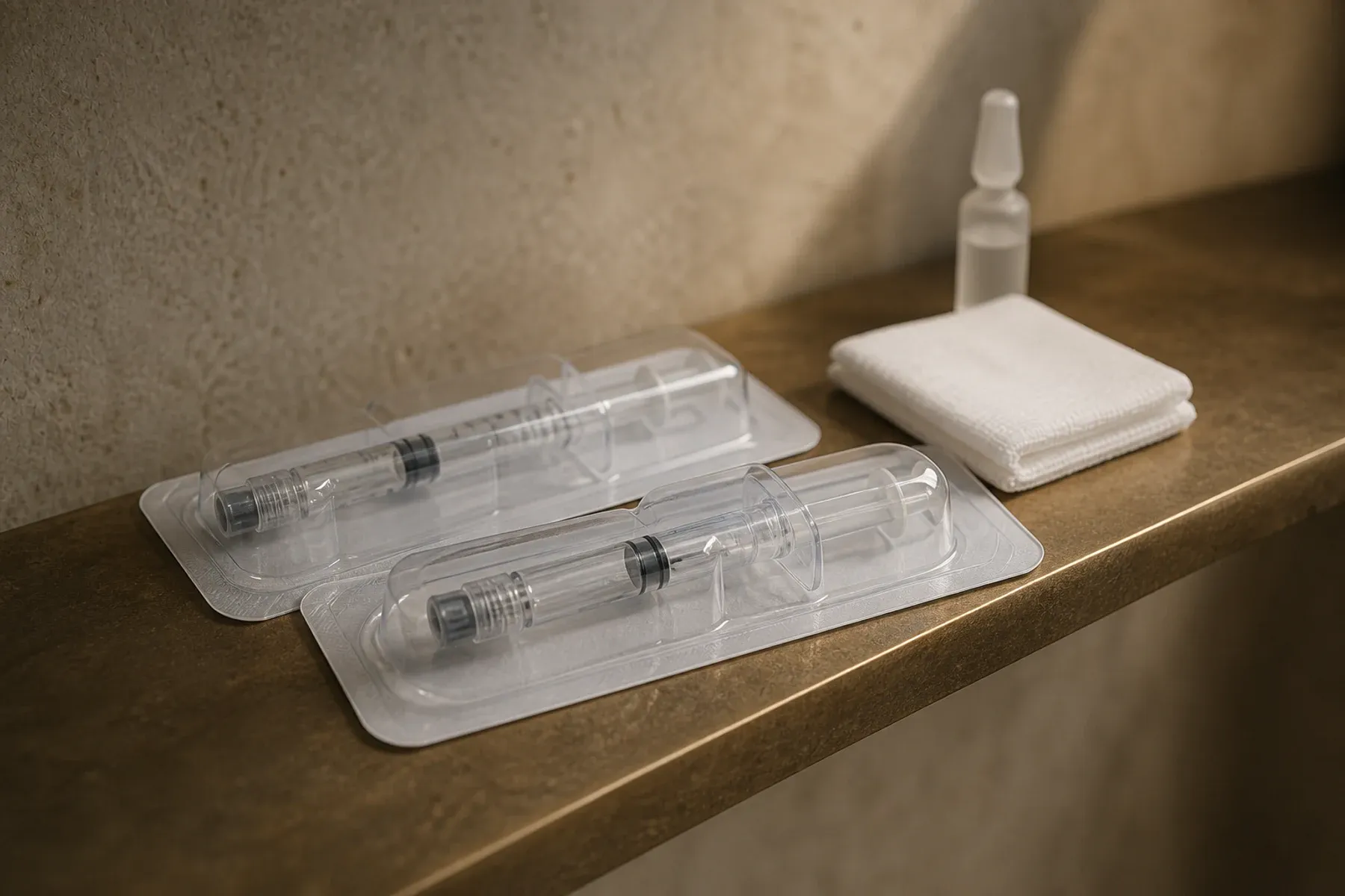 Two sealed aesthetic syringes with gauze and a frosted ampoule on an aged brass shelf.