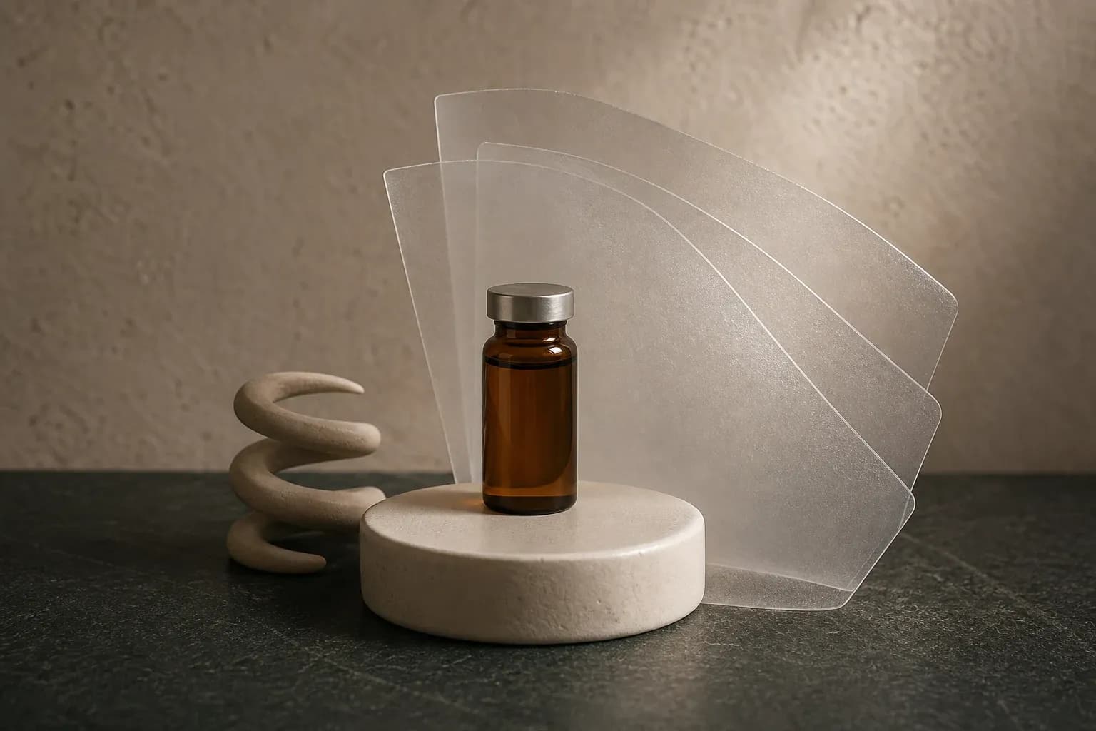 An amber vial, translucent layered membranes, and a sculptural ceramic spiral arranged on deep green stone.