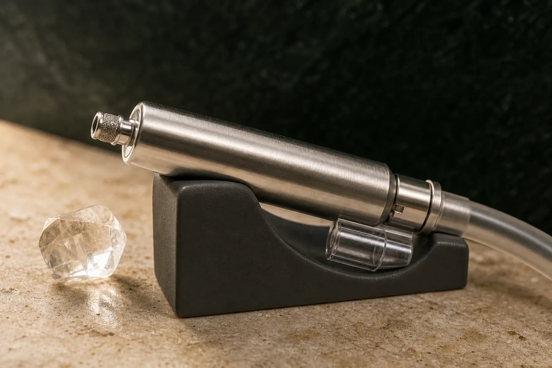 Microdermabrasion treatment materials arranged in Sonder's restrained ivory and forest-green visual style.